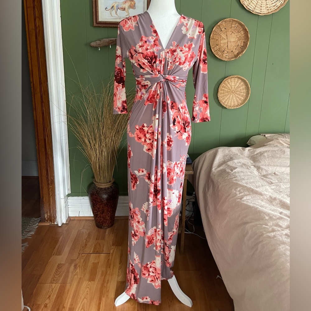 Floral Print Maxi with Twist Knot High Waist Stretchy Comfortable Event Dress